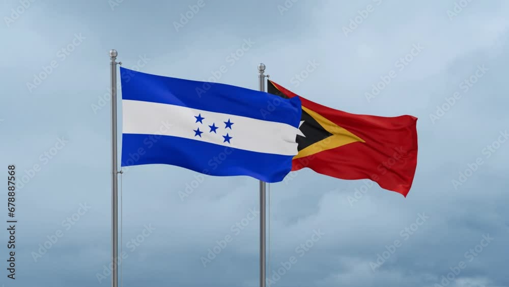 East Timor and Honduras flag waving together on cloudy sky, endless seamless loop, two country cooperation concept