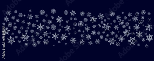 Christmas snowflakes background. Winter snow border blue decoration, greeting card. Noel subtle frame backdrop. Vector illustration