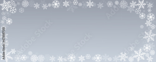 Christmas snowflakes frame background. Winter silver snow falling minimal decoration, greeting card. Noel subtle backdrop. Vector illustration