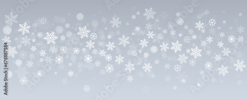 Christmas snowflakes frame background. Winter silver snow falling minimal decoration, greeting card. Noel subtle backdrop. Vector illustration