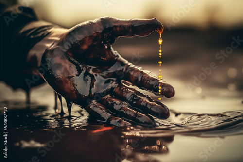 Oil pipeline and natural gas refinery. Crude oil production. Hands of a worker in crude oil, oil spilled in hands of a worker during gas extraction at oilfield. Oilfield Accident. Extraction of petrol