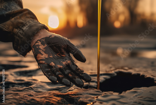 Oil pipeline and natural gas refinery. Crude oil production. Hands of a worker in crude oil, oil spilled in hands of a worker during gas extraction at oilfield. Oilfield Accident. Extraction of petrol