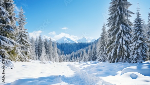 a snow scene with sunny skies and snow covered trees