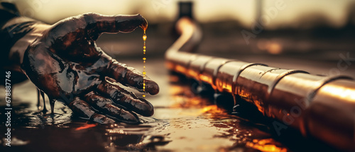 Oil pipeline and natural gas refinery. Crude oil production. Hands of a worker in crude oil, oil spilled in hands of a worker during gas extraction at oilfield. Oilfield Accident. Extraction of petrol photo