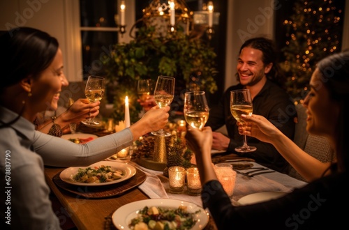 people toasting over dinner at a christmas dinner party