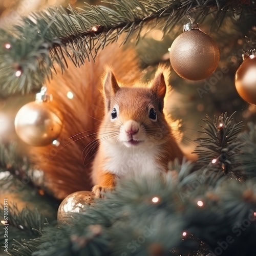 red squirrel in ornament on christmas tree branches © olegganko