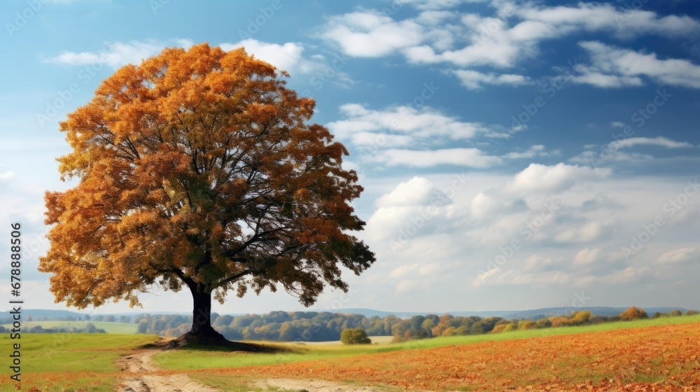 Mature Chestnut Tree in Autumn Landscape with Agriculture and Blue Sky Background