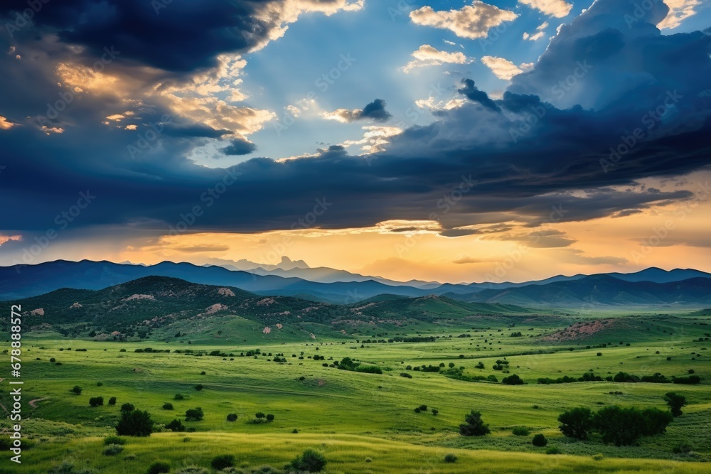 Dusk over Colorado Foothills: A Serene Landscape of Hills, Prairies, and Ranches under a Green Cloudscape