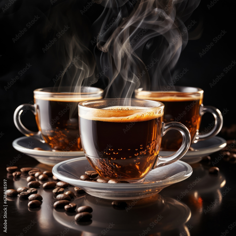 three cups of steaming coffee