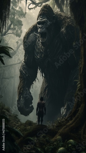 Photorealistic movie shot of giant king kong jumping Ai generated art