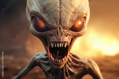 Angry Alien Creature in 3D Rendering. Fictional Martian ET in Sci-Fi Concept