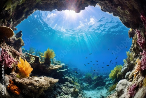 Discover the Wonders of Blue Hole Belize: Stunning Underwater Views of Diverse Coral and Fish Surrounds in the Clear Blue Ocean Waters photo