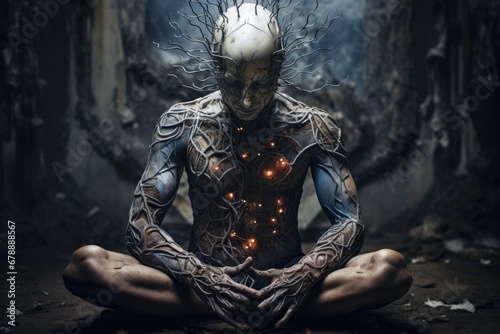 Spiritual Body: Man with Fractured Aura and Dark Conceptual Body Art, Created through Demolition and Beauty of Belief