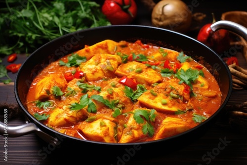 Delicious Fish Curry. Aromatic Curry with Juicy Fish and Freshly Cooked Vegetables for a Delectable Dinner