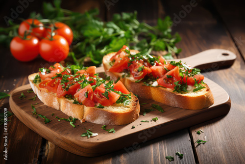 appetizer bruschetta with tomato and basil on a wood board