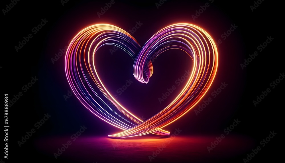 An abstract image showcasing neon light trails in a heart shape with a gradient from warm orange to cool purple against a dark background.