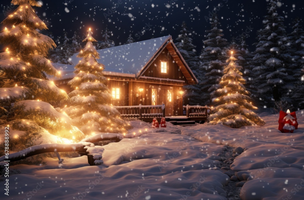 a christmas tree and lighted house in the snow a christmas tree and lighted house in the snow