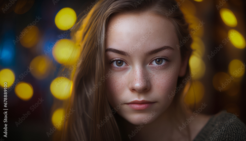 Closeup portrait of a young girl with auburn hair. Bokeh lights in the background. A girl out partying. Closeup portrait of a young girl with auburn hair. Bokeh lights in the background. A girl out partying.