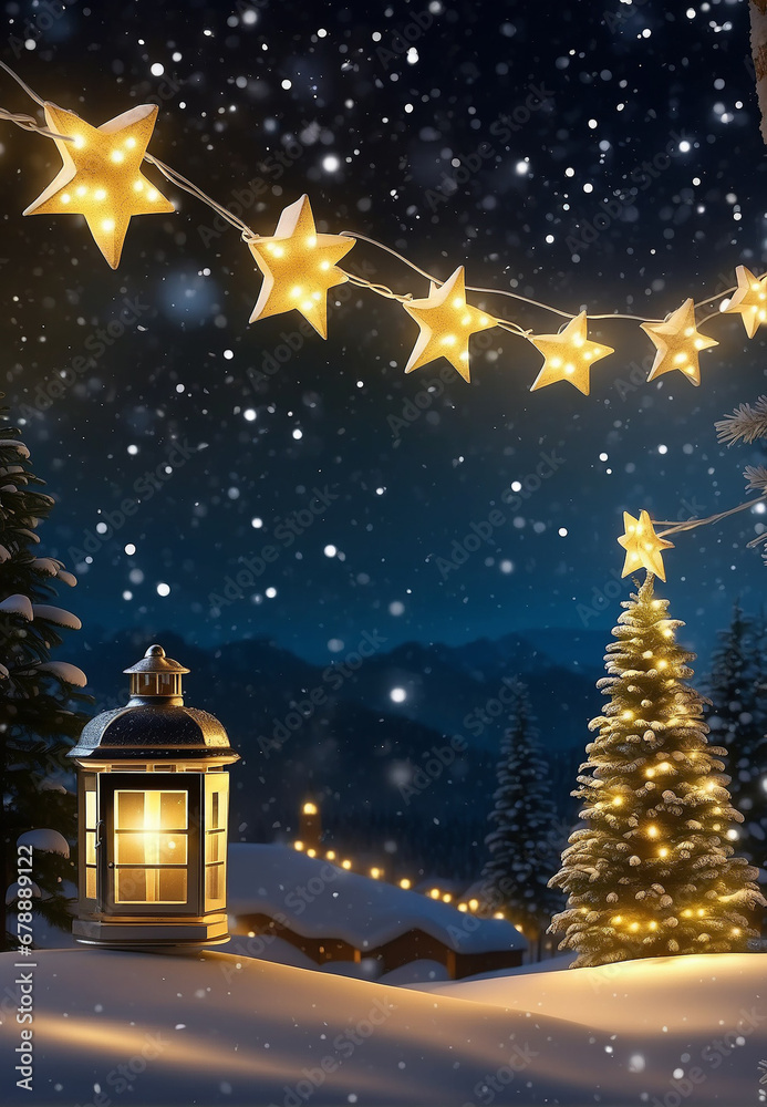 antique glowing lantern, garlands and toys, create a Christmas atmosphere