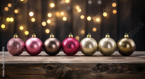 christmas balls on old wooden board
