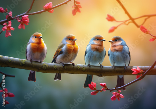 Cute colorful birds on a tree branch at sunset