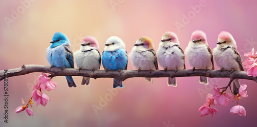 Cute colorful little birds on a tree branch
