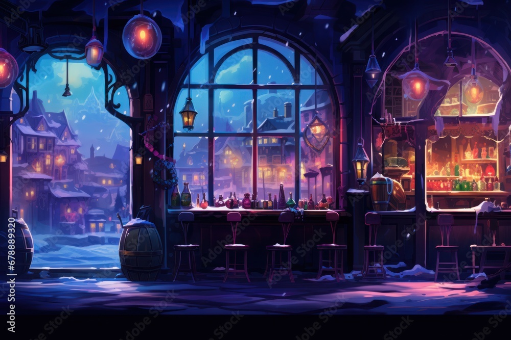 holiday in snow globes and lights , spatial concept art