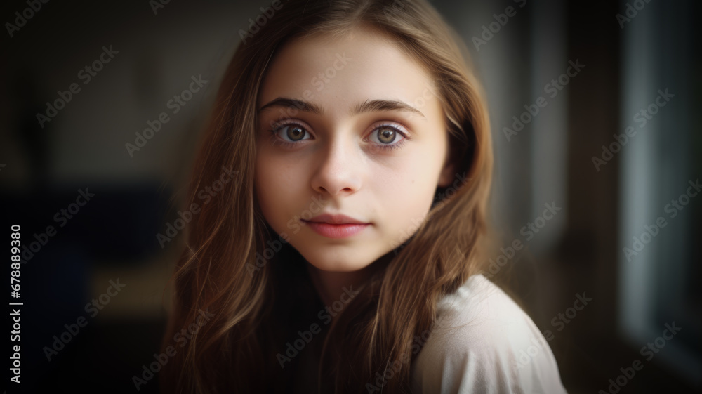 Closeup portrait of an innocent looking female child with long brown hair and flawless skin. Natural skin care. Closeup portrait of an innocent looking female child with long brown hair and flawless skin. Natural skin care.