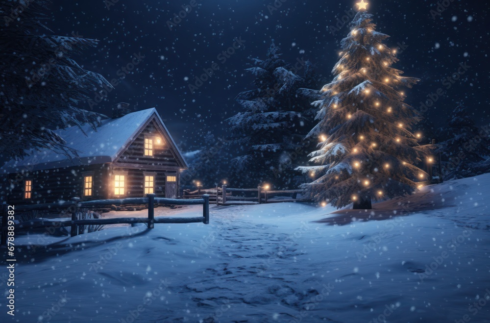 a christmas tree and lighted house in the snow