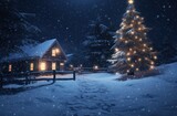 a christmas tree and lighted house in the snow
