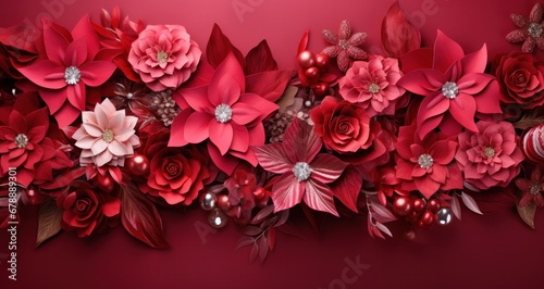 a red background with poinsettias are placed on it