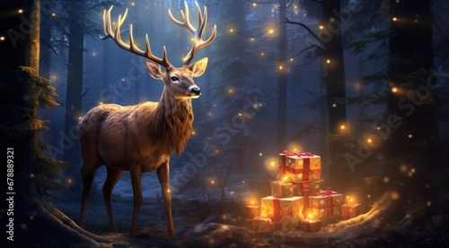 a deer in a forest with presents