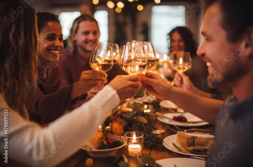 people toasting over dinner at a christmas dinner party