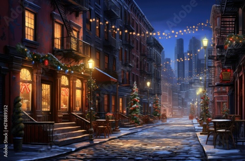 night Christmas city street with light string