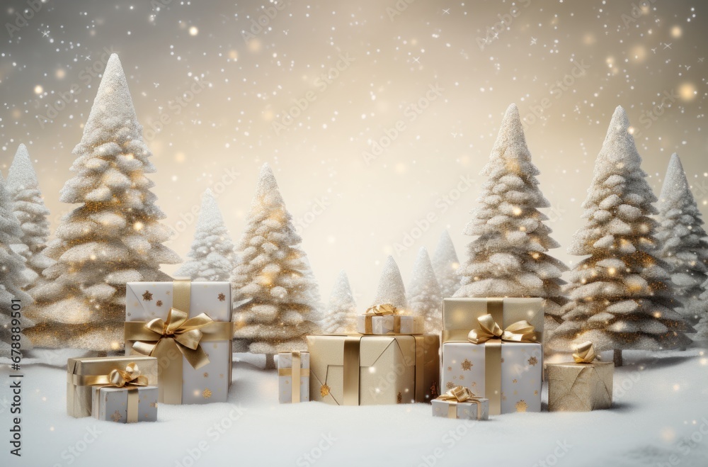 christmas trees around gifts and trees in snow christmas trees around gifts and trees in snow