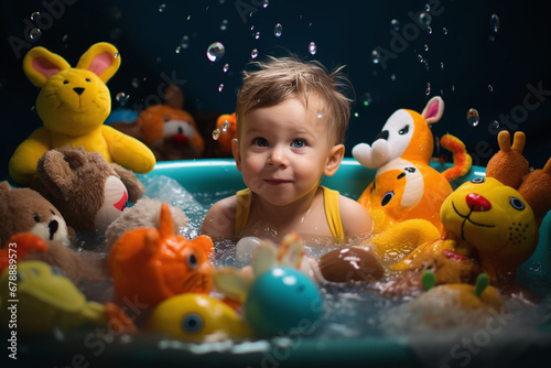 Portrait of a little kid with toys. Products for children and development.