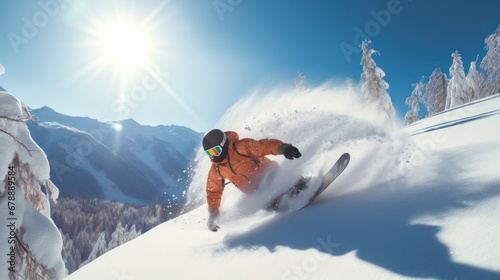a snowboarder slides down clean snow from a mountainside