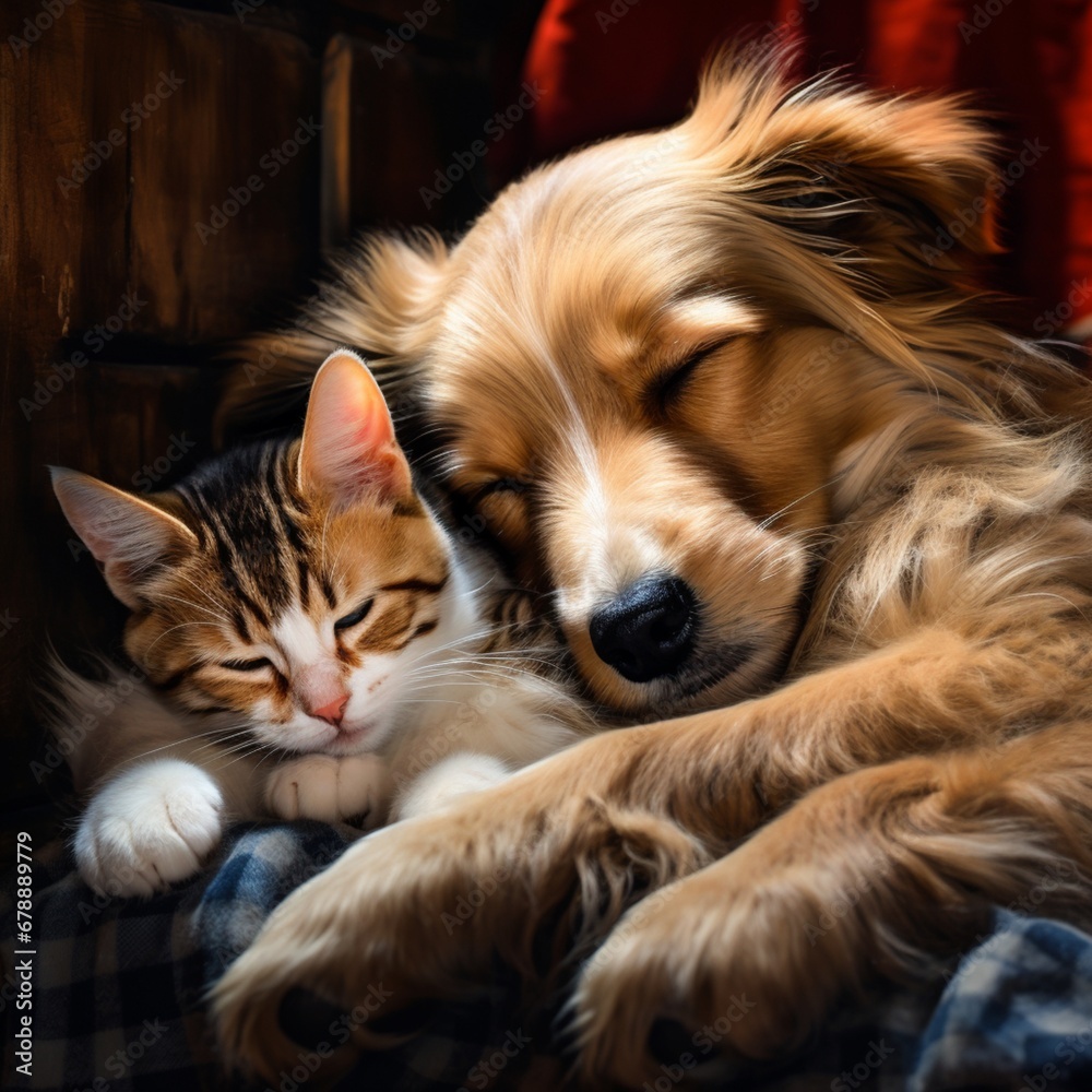 Picture of a cat and a dog peacefully sleeping Ai generated art