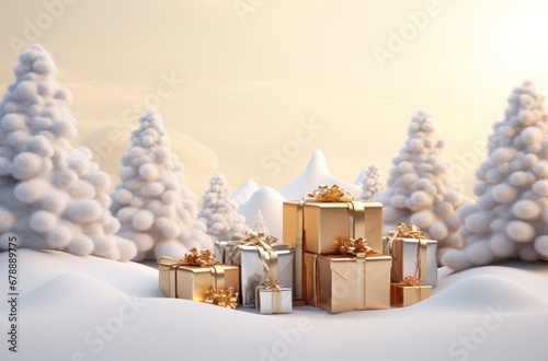 christmas presents during snow and snowed over terrain with some trees