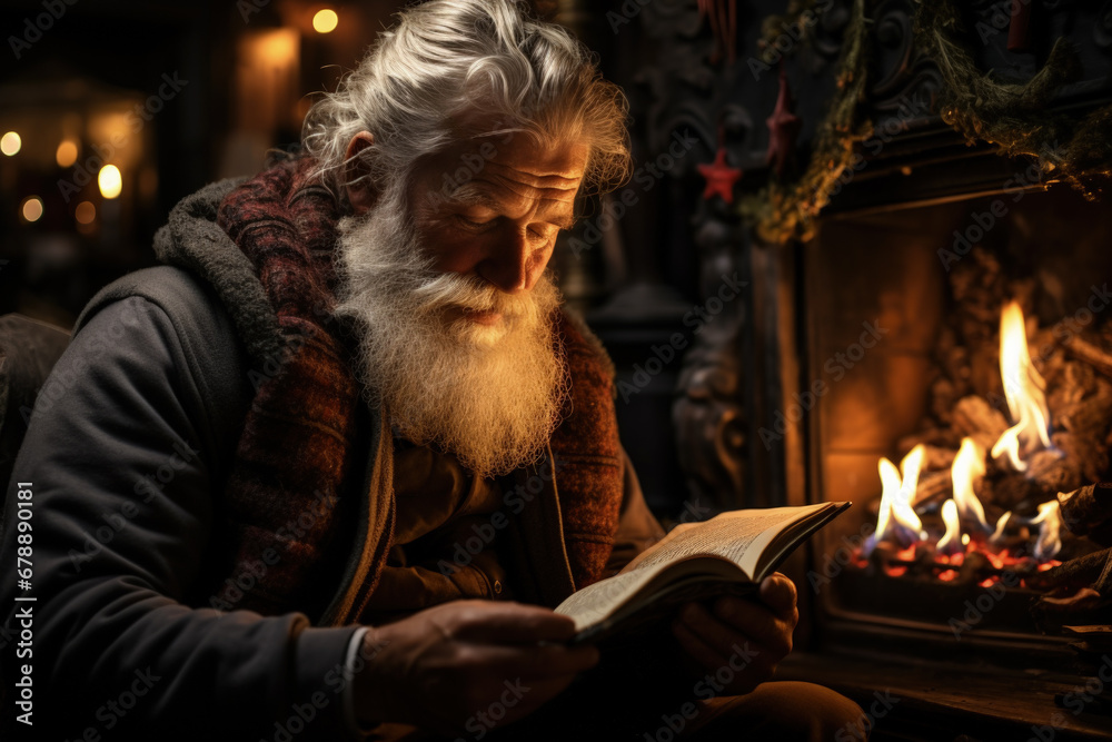 An old man engrossed in a vintage book by the fireside 