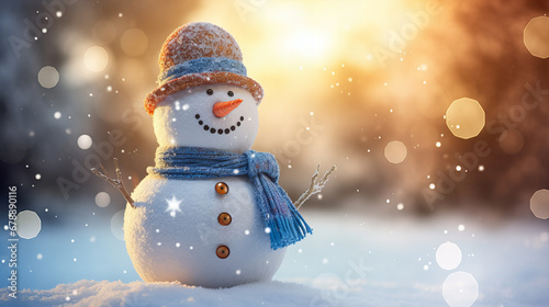 real snowman with a hat and scarf, snowing, bokeh background, golden hour