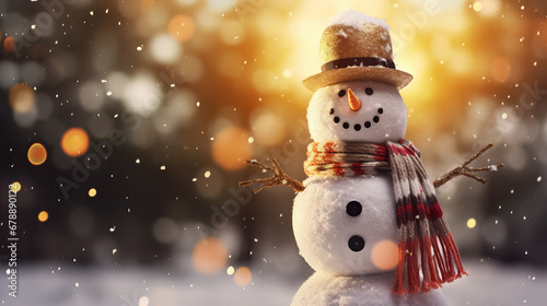 real snowman with a hat and scarf, snowing, bokeh background, golden hour © AI for you