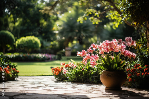 Lush home garden with vibrant plants background with empty space for text 