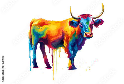 Cow with bright multicolored fur of multi-colored colors on a white background.