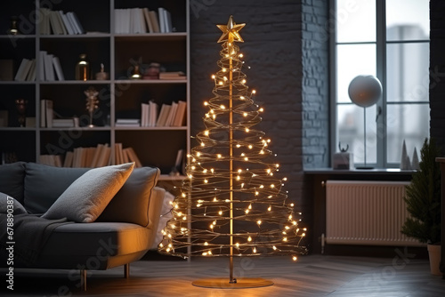 Modern loft interior, living room with sofa and pillows, window, rack, alternative eco christmas tree made of metal wire decorated with a glowing garland and star. New year, zero waste, eco friendly