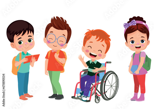 little kid sit on wheelchair and feel happy
