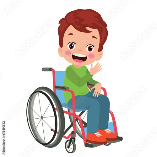 little kid sit on wheelchair and feel happy