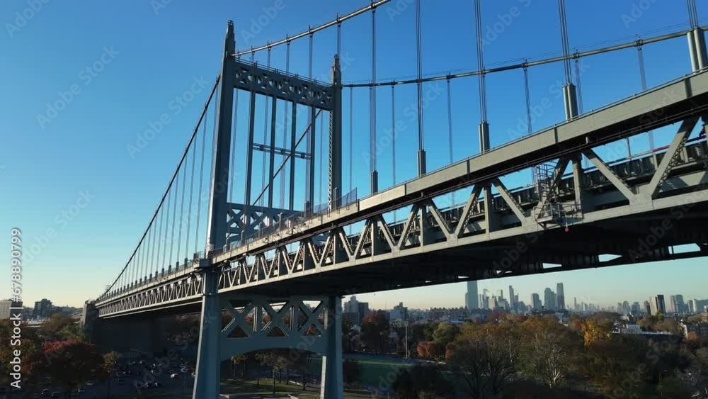 Aerial shot of New York City's Robert F. Kennedy Bridge. The bridge spans The East River, connecting the boroughs of Manhattan, Queens, and The Bronx.