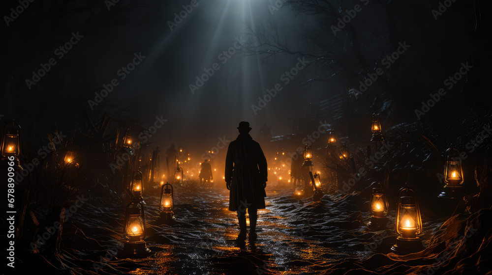 A beacon or lantern lighting up a dark path, symbolizing Stoicism as a guiding light through life's journ A beacon or lantern lighting up a dark path, symbolizing Stoicism as a guiding light through life's journ
