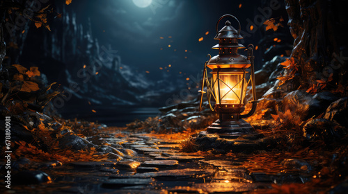 A beacon or lantern lighting up a dark path, symbolizing Stoicism as a guiding light through life's journ